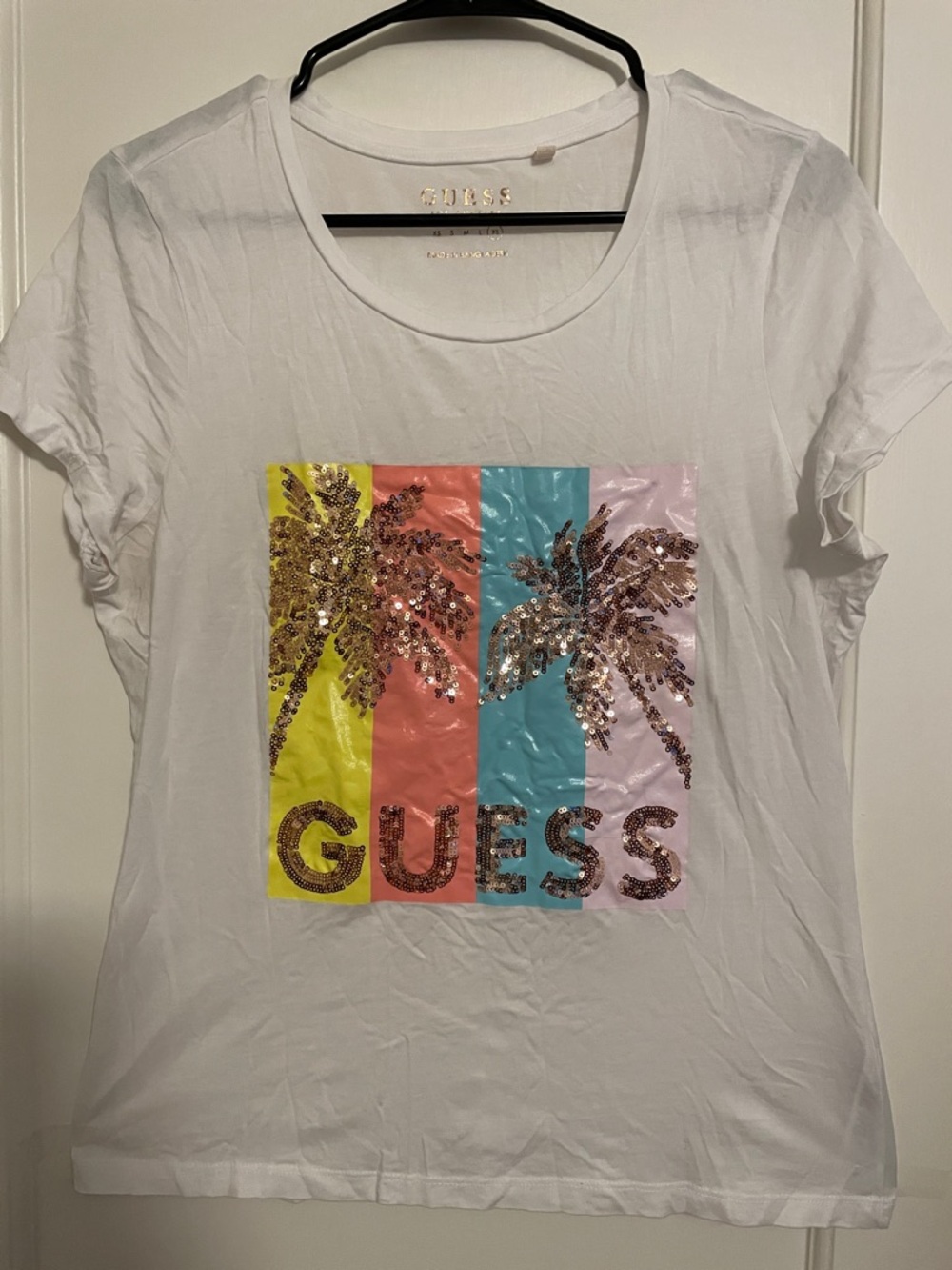 Guess White Tee with Sequin Palm Tree Graphic